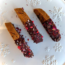 Load image into Gallery viewer, Chaga Cherry Amaretto + Rose Chocolate-Dipped Biscotti (Grain-free, Vegan)