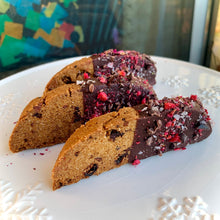 Load image into Gallery viewer, Chaga Cherry Amaretto + Rose Chocolate-Dipped Biscotti (Grain-free, Vegan)