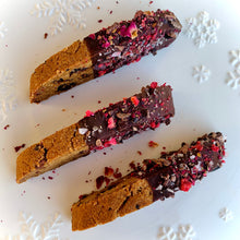 Load image into Gallery viewer, Chaga Cherry Amaretto + Rose Chocolate-Dipped Biscotti (Grain-free, Vegan)
