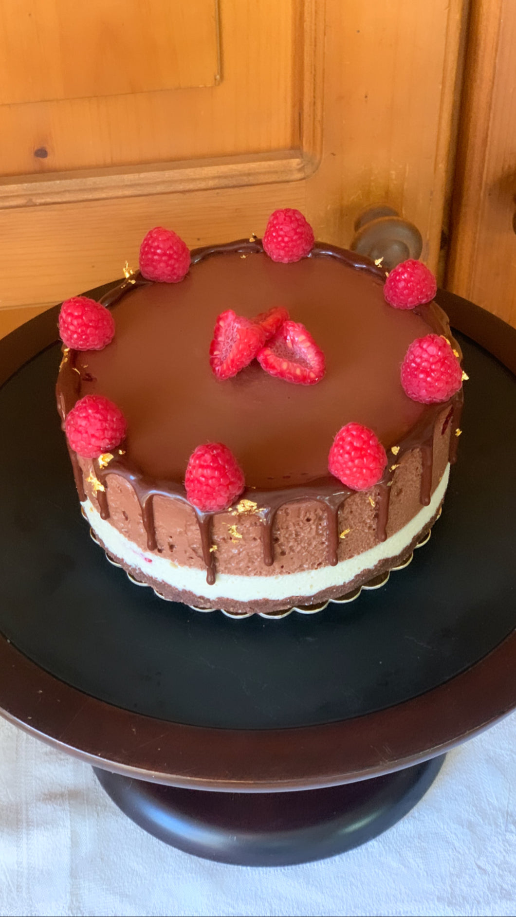 Raspberry Swirl Cacao Dream Layer Cake w/ Ganache Drip + Raspberries