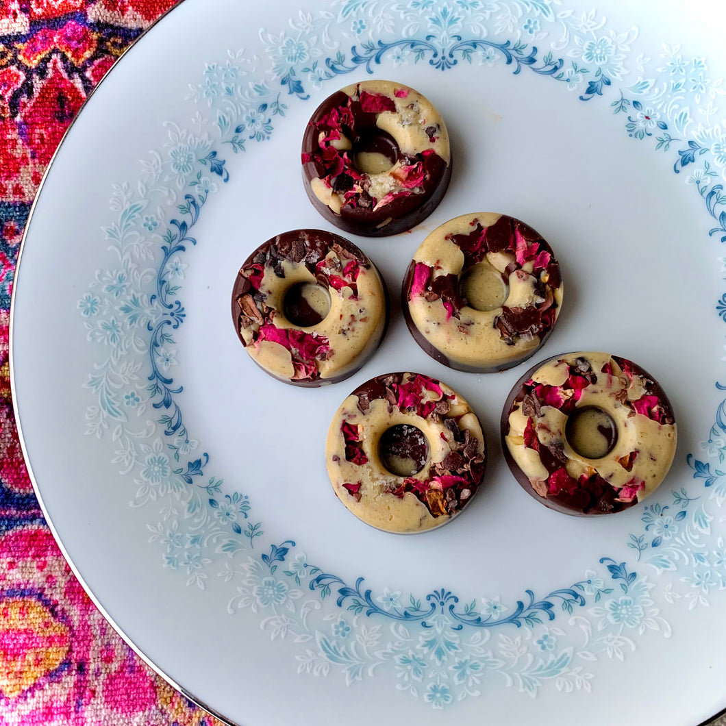 Monochrome + Rose Raw Mini Tempered Chocolate Donuts