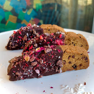 Chaga Cherry Amaretto + Rose Chocolate-Dipped Biscotti (Grain-free, Vegan)