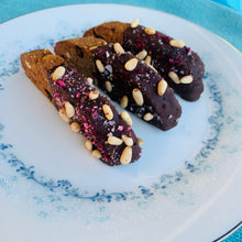 Load image into Gallery viewer, Pine Nut Wild Blueberry Chocolate-Dipped Biscotti (Grain-free, Vegan)
