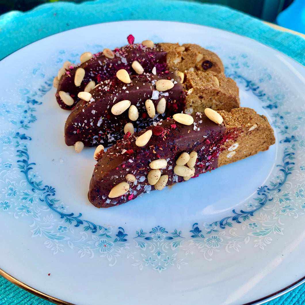 Pine Nut Wild Blueberry Chocolate-Dipped Biscotti (Grain-free, Vegan)