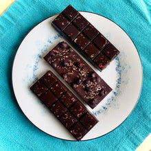 Load image into Gallery viewer, Blueberry Salted Lavender Raw Chocolate Bar
