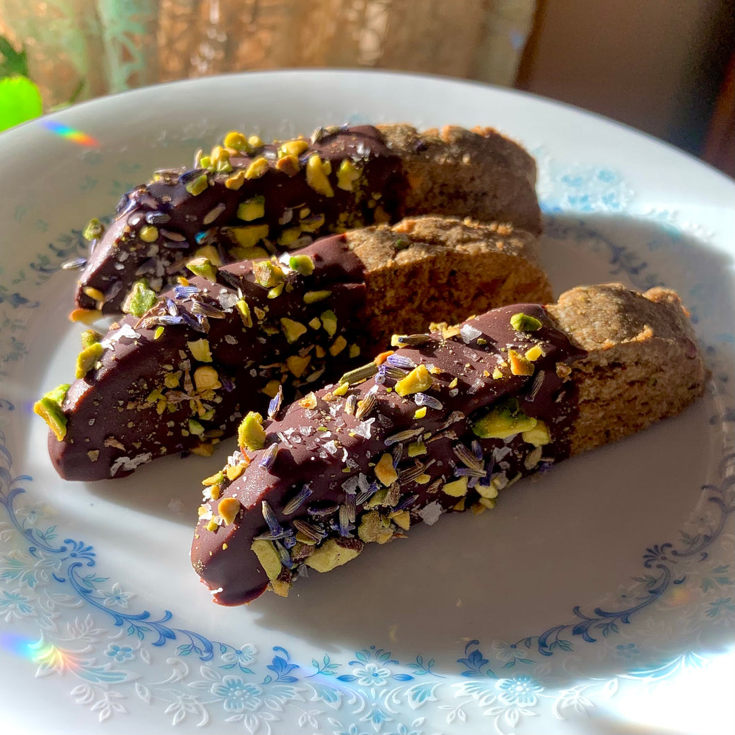 Pistachio Lavender Chocolate-Dipped Biscotti (Grain-free, Vegan)